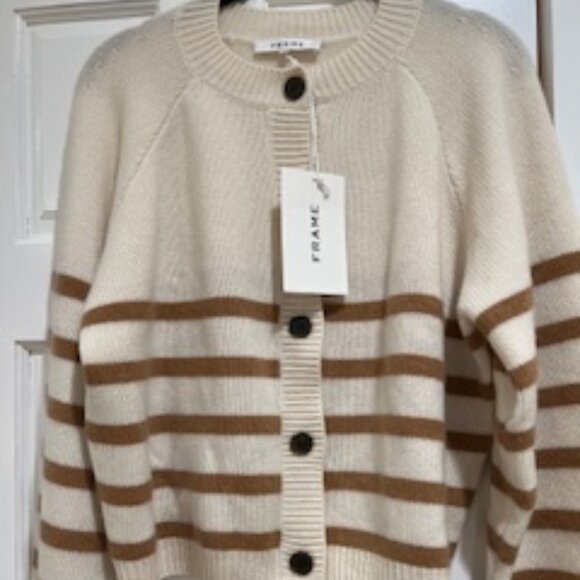 NWT Frame Pretty Breton Cream/Taupe Stripe Cardigan 100% Soft Cashmere Size M - Picture 2 of 10